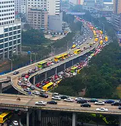 A traffic jam in downtown Haikou, Hainan Province, China.