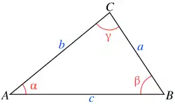 Triangle with notations for points, sides, and angles