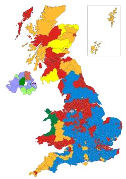 A map of Great Britain and Northern Ireland, in which each parliamentary constituency is shaded a different colour.