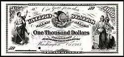 $1,000 Interest Bearing Note, Series 1863, Fr.201, depicting vignettes of Justice and Liberty.