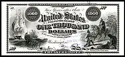 $1,000 Interest Bearing Note, Series 1863, Fr.206, depicting ships at battle and conquistadors.