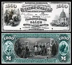$1,000 National Bank Note proof, Series 1875, Fr.465, vignette depicting (obv) Scott's entrance into Mexico City (rev) Washington surrendering his commission.