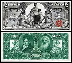 Robert Fulton and Samuel Morse depicted on the reverse of the 1896 $2 'Educational Series" Silver Certificate.