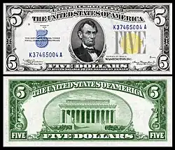 $5 Silver Certificate, Series 1934A, Fr.2307, depicting Abraham Lincoln