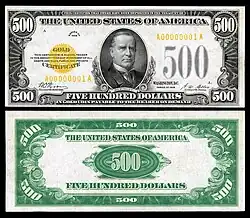 $500 Gold Certificate, Series 1928, Fr.2407, depicting William McKinley.