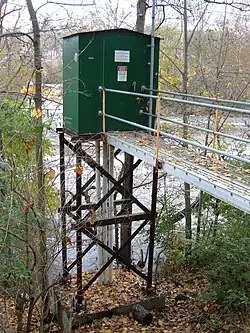 USGS stream gauging station structure mounted on a concrete platform in a river