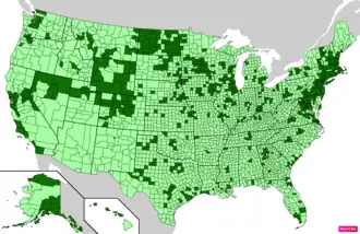 Counties in the United States by median family household income according to the U.S. Census Bureau American Community Survey 2013–2017 5-Year Estimates.[287] Counties with median family household incomes higher than the United States as a whole are in full green.