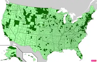 Counties in the United States by per capita income according to the U.S. Census Bureau American Community Survey 2013–2017 5-Year Estimates.[287] Counties with per capita incomes higher than the United States as a whole are in full green.