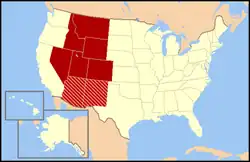Regional definitions vary from source to source. The states shown in dark red are always included, while the striped states are usually considered part of the same region called the Mountain States