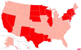 States in the United States by Catholic population according to the Pew Research Center 2014 Religious Landscape Survey.[262] States with Catholic population greater than the United States as a whole are in full red.