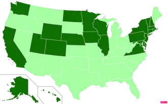 States in the United States by median family household income according to the U.S. Census Bureau American Community Survey 2013–2017 5-Year Estimates.[287] States with median family household incomes higher than the United States as a whole are in full green.