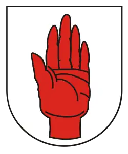 The Red Hand of Ulster (sinister (left) hand version), as used by baronets (other than those of Nova Scotia) as a heraldic badge
