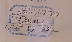 A stamp applied to the Mexican passport of a DACA recipient entering the United States with Advance Parole at John F. Kennedy International Airport in January 2017, with handwritten annotations indicating the passport holder was paroled into the United States.