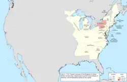 Map of the change to the United States in central North America on July 4, 1776