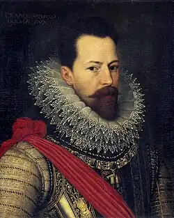A sixteenth-century painting of a man wearing a ruff, the decorative collar from which the English name of the bird derives. He is wearing a black dress with a particularly large and elaborate white lacy ruff.