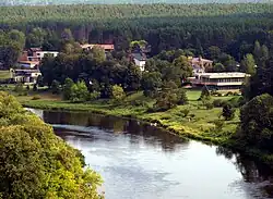 A scenic riverside neighborhood, seen from above