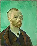 Vincent van Gogh, Self-Portrait (Dedicated to Paul Gauguin), September, 1888. Note the vivid background and undercoat of Paris green.