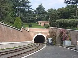 The tunnel to the headshunt with parked tractor, looking north