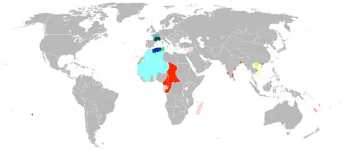 See map legend for colour descriptions; sky blue = colonies under the control of Free France after Operation Torch