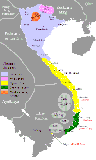 Map of Vietnam from 1627 shows the division of Đại Việt between &nbsp;&nbsp;Nguyễn &nbsp;&nbsp;Lê dynasty under Trịnh clan's control &nbsp;&nbsp;Mạc as rump state &nbsp;&nbsp;Kingdom of Champa .