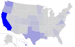 Map of the U.S., with states with more Vietnamese speakers in darker blue