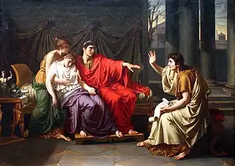Painting of a group of four people in Roman dress. One of them reads from a scroll.