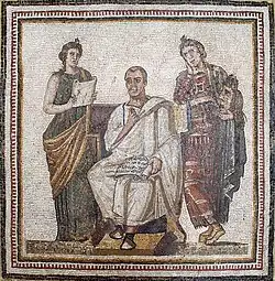 A 3rd-century Roman mosaic of Virgil seated between Clio and Melpomene (from Hadrumetum [Sousse], Tunisia)