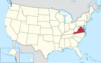 Virginia is located on the Atlantic coast along the line that divides the northern and southern halves of the United States. It runs mostly east to west. It includes a small peninsula across a bay which is discontinuous with the rest of the state.