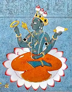 Closeup of Vishnu, seated in the lotus position on a lotus. From depiction of the poet Jayadeva bowing to Vishnu, Gouache on paper Pahari, The very picture of devotion, bare-bodied, head bowed, legs crossed and hands folded, Jayadeva stands at left, with the implements of worship placed before the lotus-seat of Vishnu who sits there, blessing the poet.