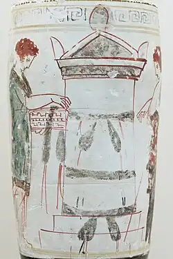 Photograph showing detail from an Athenian vase. A woman leaves a garland on a tomb.