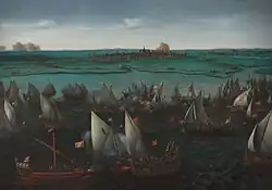 A large group of small sailing ships and galleys engaged in battle on an inland sea with a walled town and farmland in the background