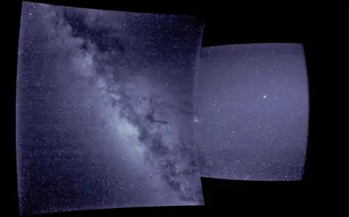 WISPR first light image. The right portion of the image is from WISPR's inner telescope, which is a 40-degree field of view and begins 58.5 degrees from the Sun's center. The left portion is from the outer telescope, which is a 58-degree field of view and ends about 160 degrees from the Sun.[99]