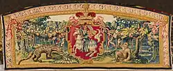 Above-door tapestry with the coat of arms of the Grand Duchy of Lithuania on the background of a landscape with a hyena and a monkey, circa 1560, Wawel Castle