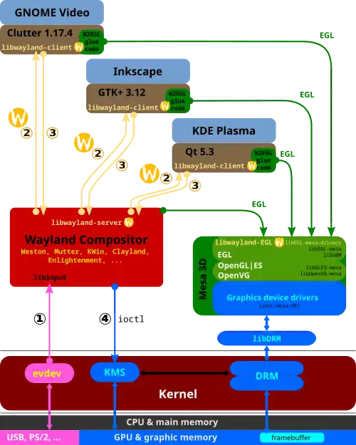 The evdev module of the Linux kernel gets an event and sends it to the Wayland compositor. The Wayland compositor looks through its scenegraph to determine which window should receive the event. The scenegraph corresponds to what is on screen and the Wayland compositor understands the transformations that it may have applied to the elements in the scenegraph. Thus, the Wayland compositor can pick the right window and transform the screen coordinates to window local coordinates, by applying the inverse transformations. The types of transformation that can be applied to a window are only restricted to what the compositor can do, as long as it can compute the inverse transformation for the input events. As in the X case, when the client receives the event, it updates the UI in response. But in the Wayland case, the rendering happens by the client via EGL, and the client just sends a request to the compositor to indicate the region that was updated. The Wayland compositor collects damage requests from its clients and then re-composites the screen. The compositor can then directly issue an ioctl to schedule a pageflip with KMS.