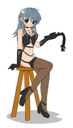 Illustration of Wikipe-tan, an unofficial mascot of Wikipedia, wearing lingerie, suggestively looking at the viewer while holding a whip.