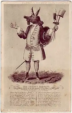 Old-fashioned allegorical print of a man in a long buttoned coat and hose, wearing a sword and holding tools in his hand, with a pig's head and donkey's ears