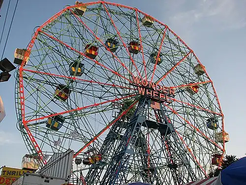 Wonder Wheel, a 45.7-metre (150&nbsp;ft) tall eccentric wheel at Deno's Wonder Wheel Amusement Park, Coney Island, was built in 1920 by the Eccentric Ferris Wheel Company[182]