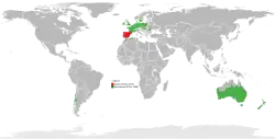 A map of the world showing the regions where the European rabbit is native and non-native