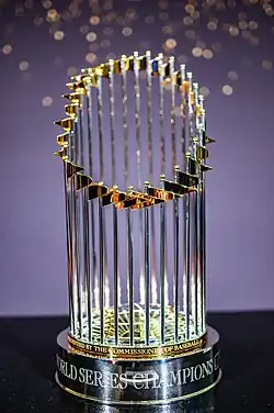 MLB World Series trophy, set of flags representing each team