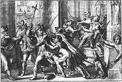 An imaged depiction of the attempted assassination by Piekarski on Sigismund in Warsaw. Piekarski holds a war hammer.