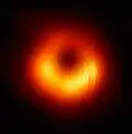 An orange donut of gases surrounding a black hole, with lines superimposed over the gases
