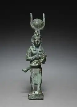 Ancient Egyptian statuette of Isis and Horus; 305–30&nbsp;BCE; solid cast of bronze; 4.8 × 10.3&nbsp;cm; Cleveland Museum of Art (Cleveland, Ohio, US)