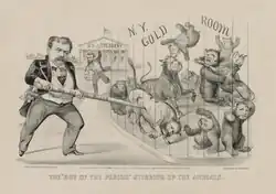 Cartoon, entitled "The 'Boy of the Period' Stirring up the Animals", shows Fisk poking bulls and bears and a man running toward them with a bag in his hand