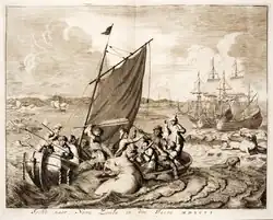 Dutch explorers fight a walrus on the coast of Novaya Zemlya, 1596