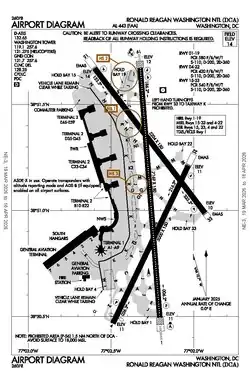 A map showing the terminals runways and other structures of Ronald Reagan Washington National Airport.
