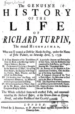 Title page of a book, headed "The Genuine HISTORY of the LIFE of RICHARD TURPIN"