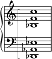 
  \new PianoStaff <<
    \set PianoStaff.connectArpeggios = ##t
    \override PianoStaff.Arpeggio.stencil = #ly:arpeggio::brew-chord-bracket
    
    \new Staff \relative {
      \omit Staff.TimeSignature
      <bes f' c'>1\arpeggio
    }
    \new Staff \relative {
      \clef bass
      \omit Staff.TimeSignature
      <des, aes' ees'>1\arpeggio
    }
  >>

