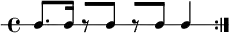 
\new RhythmicStaff {
   \clef percussion
   \time 4/4
   \repeat volta 2 { c8. c16 r8[ c] r[ c] c4 }
}
