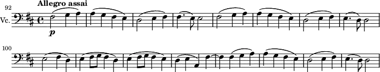 \new Score {
\new Staff {
\relative c {
\set Staff.instrumentName = #"Vc."
\set Staff.midiInstrument = #"cello"
\set Score.currentBarNumber = #92
\time 4/4
\key d \major
\clef bass
\tempo "Allegro assai" 2 = 60
\set Score.tempoHideNote=##t
\bar ""
fis2\p( g4 a) | a4( g fis e) | d2( e4 fis) | fis4.( e8) e2 |
fis2( g4 a) | a4( g fis e) | d2( e4 fis) | e4.( d8) d2 | \break
e( fis4 d) | e( fis8 g fis4 d) | e( fis8 g fis4 e) | d( e a,) fis'~ |
fis fis( g a) | a( g fis e) | d2( e4 fis) | e4.( d8) d2
}
}
}