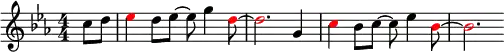 {
\relative c'' {
\language "english"
\clef treble
\numericTimeSignature
\key c \minor
\time 4/4
\partial 4 c8 d8
\once \override NoteHead.color = #red ef4 d8 ef8 ~ ef8 g4 \once \override NoteHead.color = #red d8 ~
\once \override NoteHead.color = #red d2. g,4
\once \override NoteHead.color = #red c4 bf8 c8 ~ c8 ef4 \once \override NoteHead.color = #red bf8 ~
\once \override NoteHead.color = #red bf2.
}
}